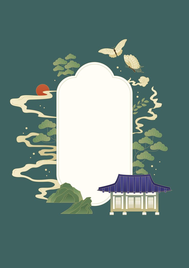 Vector ilustración tradicional coreana de una casa y un pino