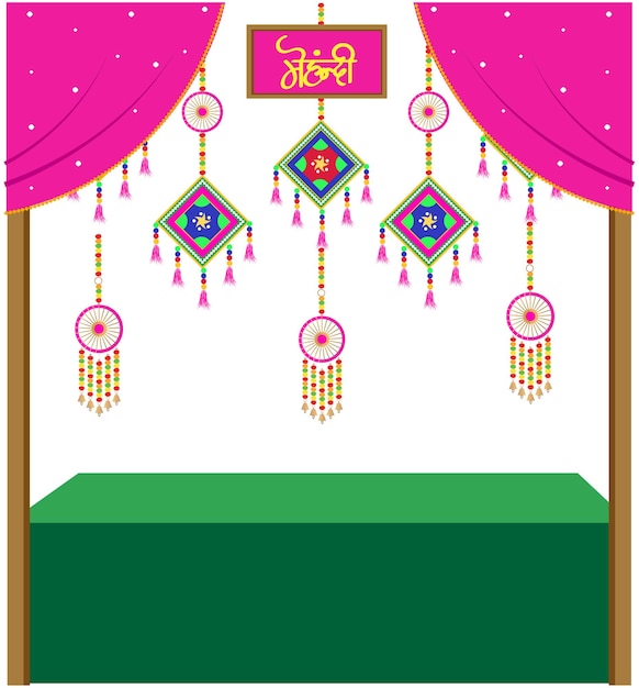 Ilustración tradicional de decoración de bodas indias para el haldi mehendi sangeet con borla y cortina
