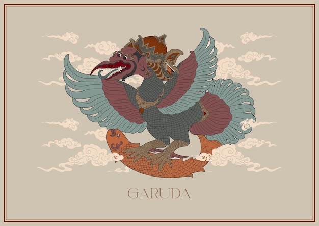 Ilustración tradicional de Garuda en estilo vintage con detalles intrincados