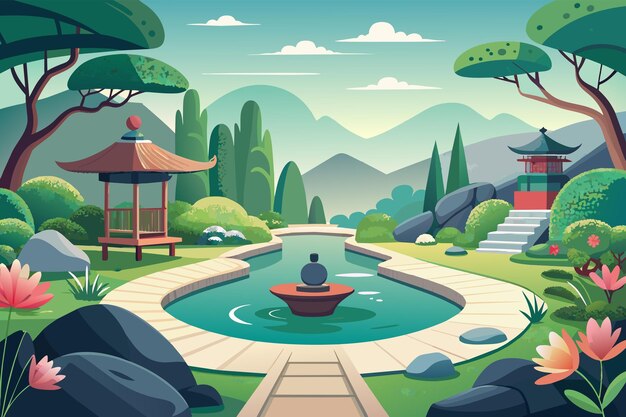 Ilustración de un tranquilo jardín de estilo asiático con una pagoda de fuente de estanque redondo y exuberante vegetación en un entorno montañoso