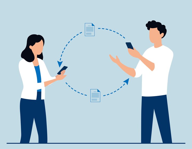 Vector ilustración de una transferencia de datos entre dos usuarios de teléfonos móviles arte vectorial