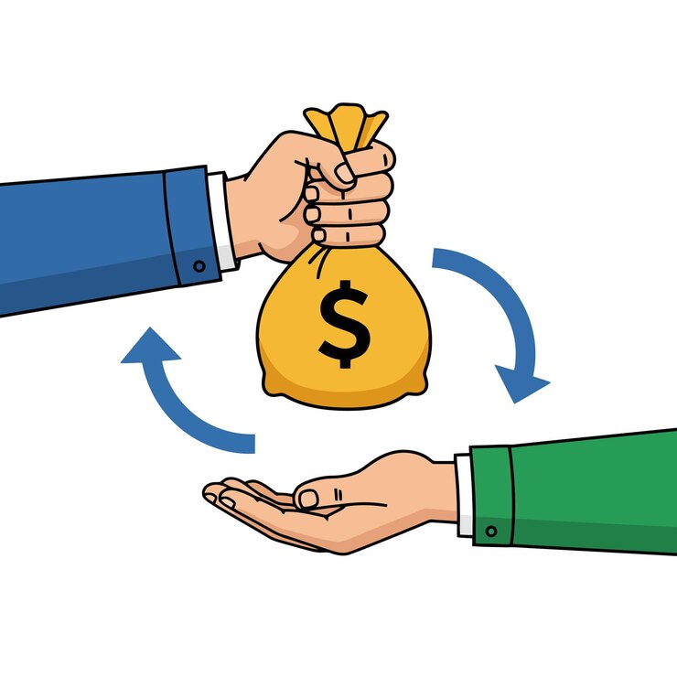 Vector ilustración de transferencia de dinero entregando una bolsa de dinero