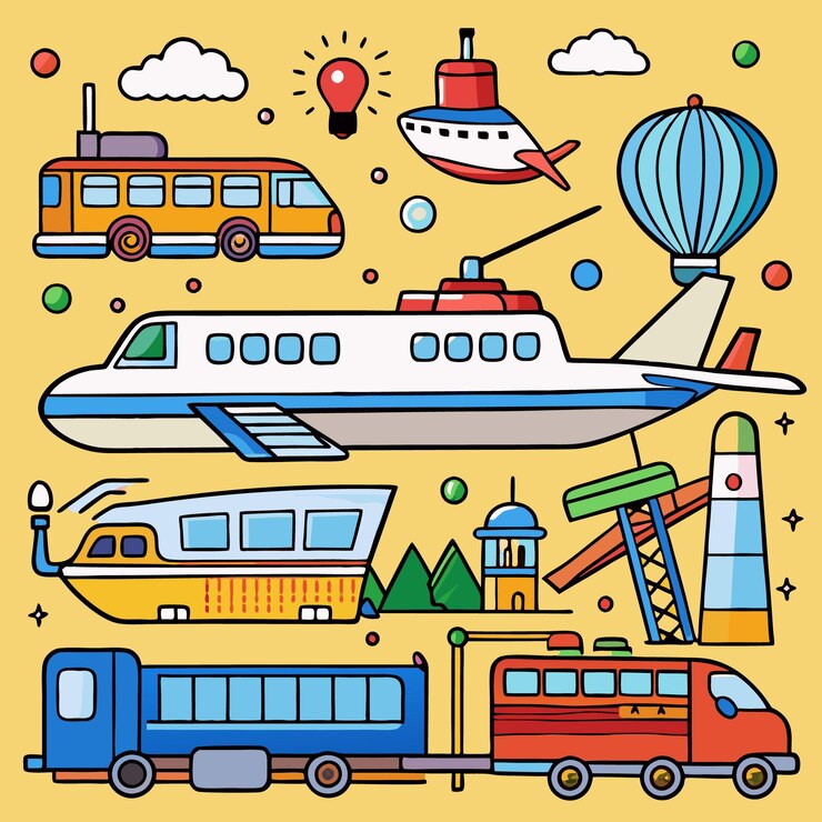 Vector ilustración de transporte con diversos vehículos y modos de viaje