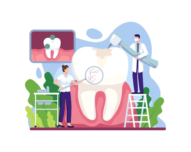 Ilustración de tratamiento de caries. Médico dental que trata los dientes humanos con equipos médicos. Concepto de estomatología, salud y odontología. Ilustración de vector de estilo plano