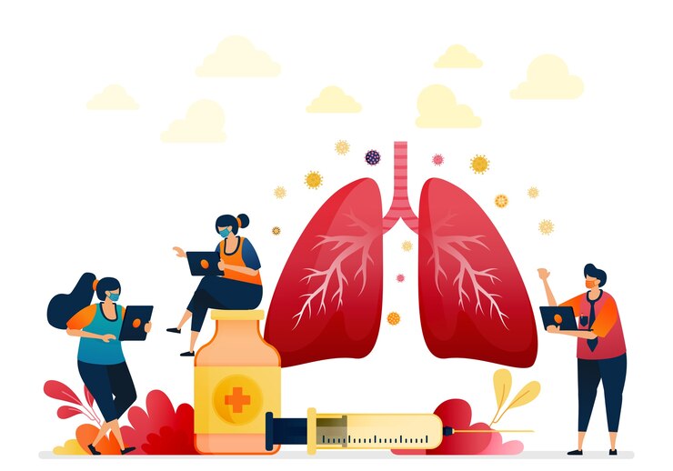Vector ilustración de tratamiento para la salud de la enfermedad pulmonar. medicamentos e inyecciones para cirugía pulmonar.