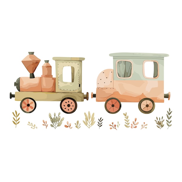 Vector ilustración de tren y carruaje de juguete de acuarela con plantas