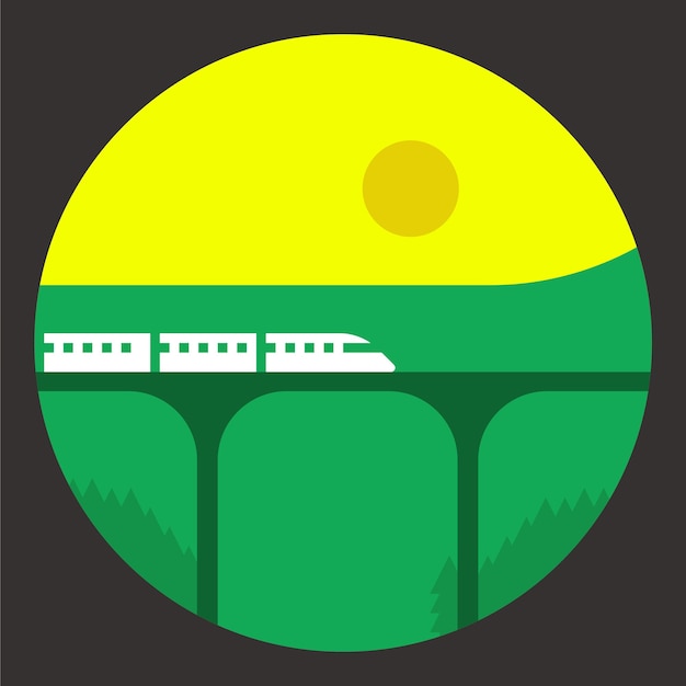 Vector ilustración de un tren expreso cruzando un majestuoso puente con belleza escénica
