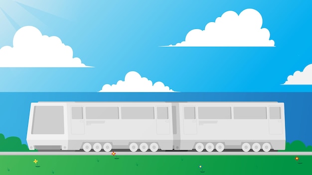 ilustración de tren moderno con fondo de hermoso paisaje en diseño plano