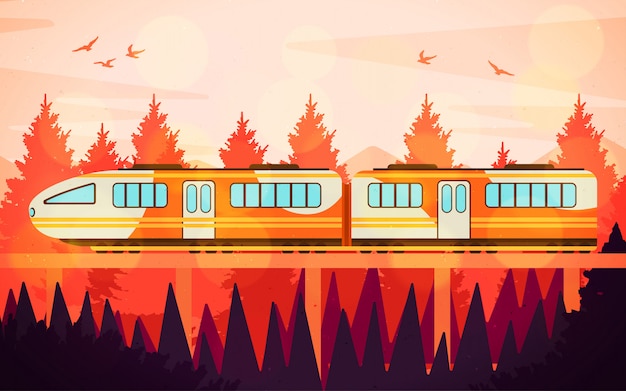 Vector ilustración de tren naranja viajando