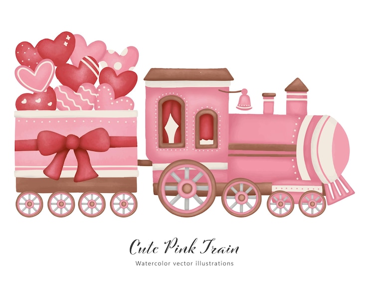 Ilustración de trenes rosados para febrero