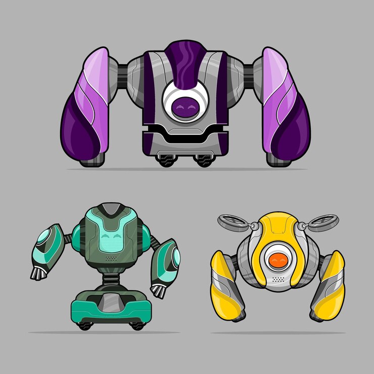 Vector ilustración de tres adorables personajes robot con formas de diferentes colores y conceptos futuros