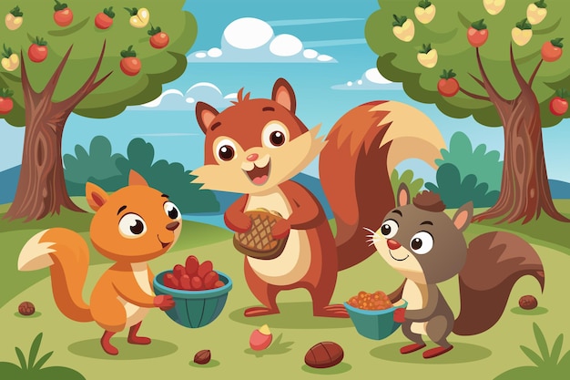Ilustración de tres ardillas alegres en una zona de hierba con manzanos cada ardilla sosteniendo un recipiente lleno de nueces y bayas