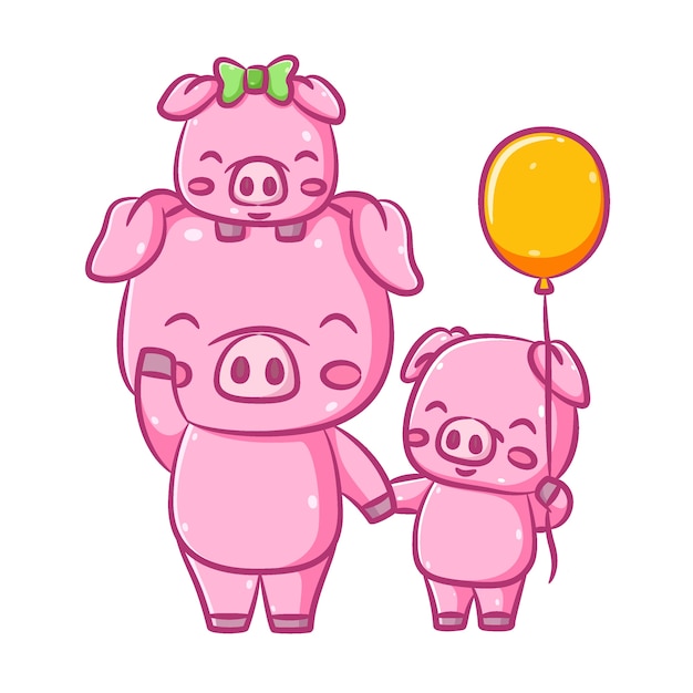 La ilustración de los tres lindos cerditos rosados está caminando juntos y sosteniendo el globo amarillo