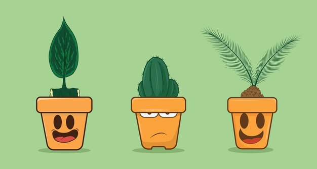 Ilustración de tres personajes de olla naranja lindo sobre fondo verde claro