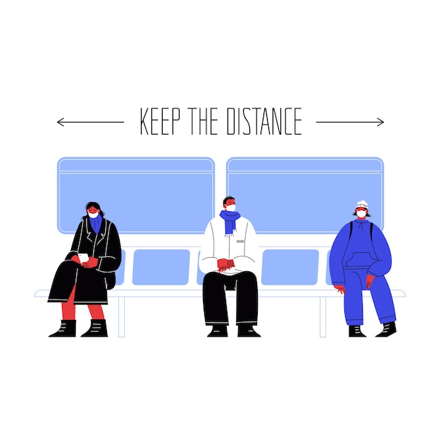 Vector ilustración de tres personajes sentados en el transporte público cubriendo rostros con máscaras alejados unos de otros.