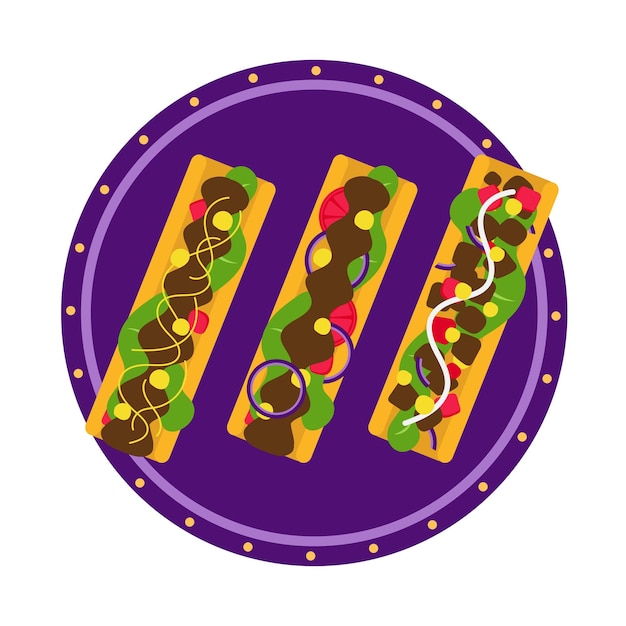 Una ilustración de tres tacos rellenos vista desde arriba vector en blanco