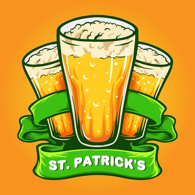 Ilustración de tres vasos de cerveza de san patricio con cinta