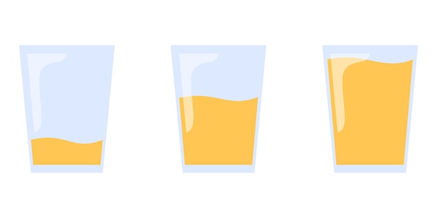 Vector ilustración de tres vasos llenos de jugo de naranja de ligeramente llenos a llenos