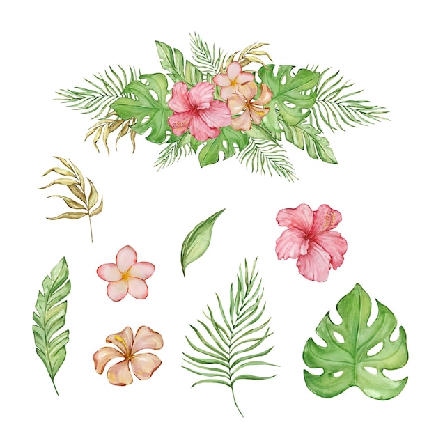 Ilustración tropical en acuarela con hojas y flores tropicales brillantes