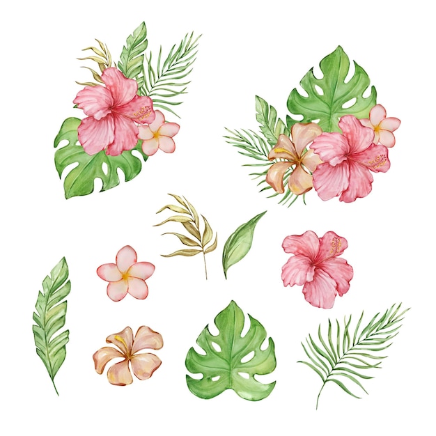 Ilustración tropical en acuarela con hojas y flores tropicales brillantes