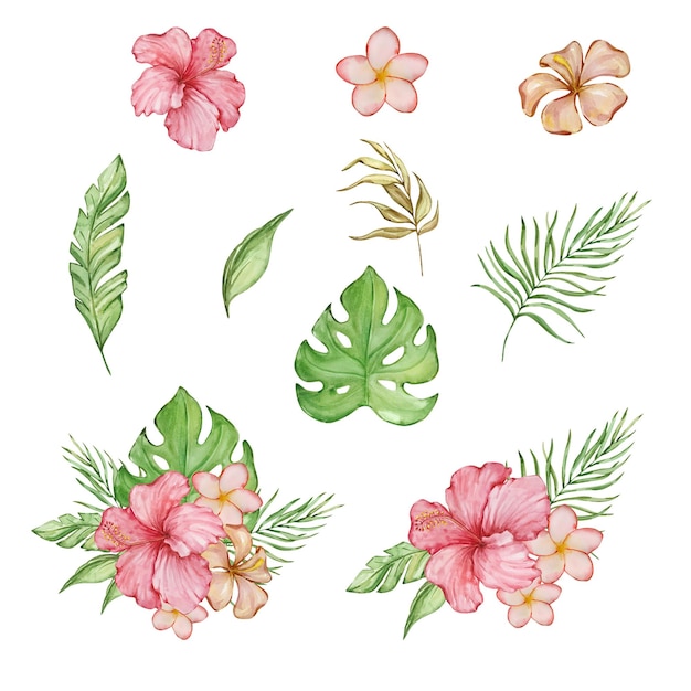 Ilustración tropical en acuarela con hojas y flores tropicales brillantes