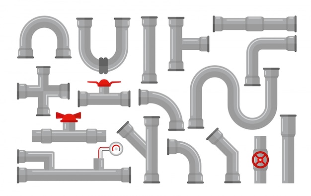 Ilustración de tuberías, tipos para la recogida de agua. conectores de acero y plástico, tubos en color gris con válvulas rojas en estilo plano aislado sobre fondo blanco.