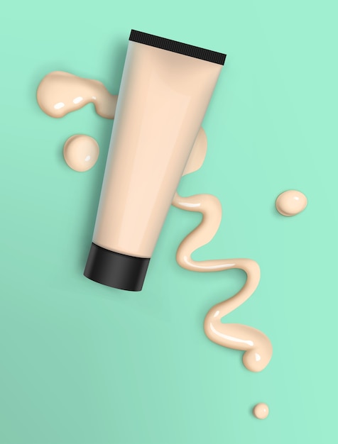 Ilustración de tubo de plástico cosmético con base de crema de tono con gotas y manchas sobre fondo de color menta