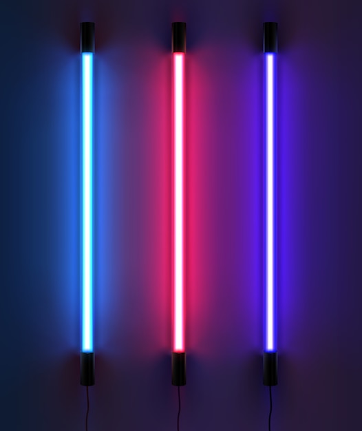 Vector ilustración de tubos de neón de iluminación en diferentes colores. sobre fondo oscuro
