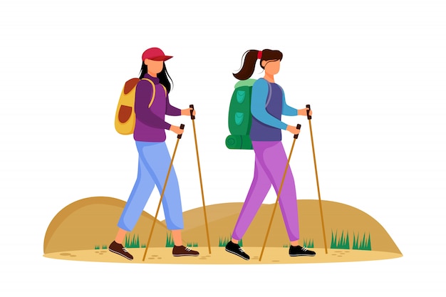 Ilustración de turismo de presupuesto. Actividad de senderismo. Opción de viaje barata. Vacaciones activas Mujeres jóvenes en un viaje de montaña. Personaje de dibujos animados de recorrido a pie sobre fondo blanco