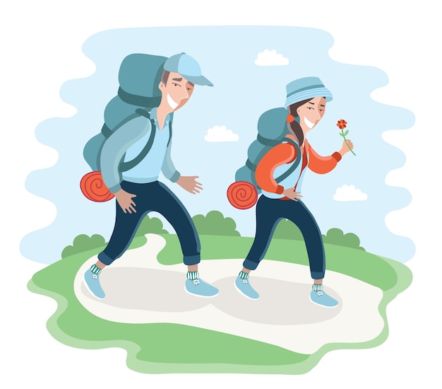 Ilustración de turistas que acampan caminando con mochilas