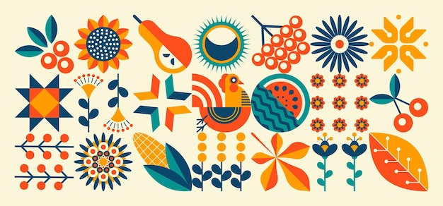 Ilustración ucraniana de otoño patrón floral geométrico mínimo estilo escandinavo