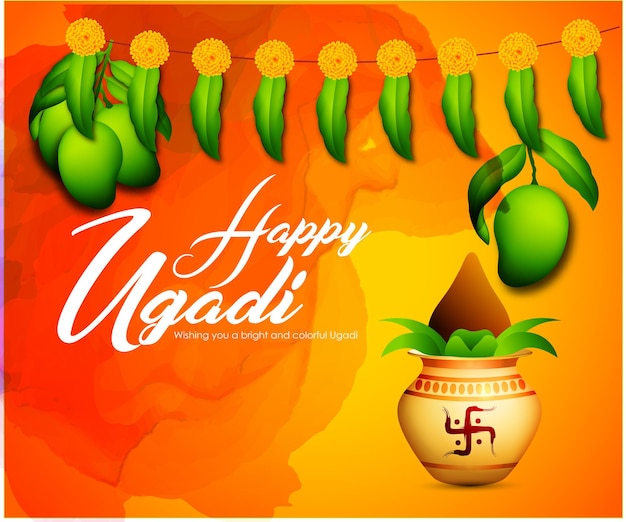 Ilustración de Ugadi con Kalash decorado con tipográfico Happy Ugadi festival gudi padwa Vector Illustration