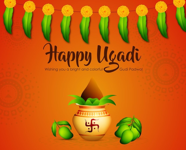 Ilustración de Ugadi con Kalash decorado con tipográfico Happy Ugadi festival gudi padwa Vector Illustration
