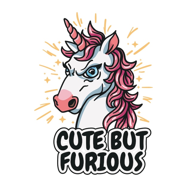 Vector una ilustración de unicornio de dibujos animados para un diseño de camiseta lindo y a la moda el enojado pero adorable