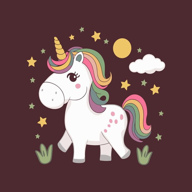 Ilustración de unicornio lindo para el diseño de camisetas Vector de Unicornio Vector de Princesa de dibujos animados