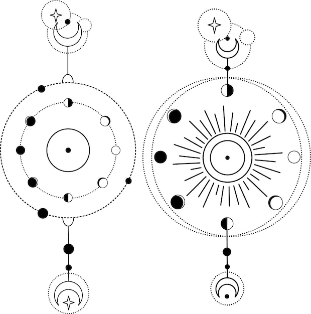 Ilustración del universo bohemio con fases lunares, estrellas y rayos. Astrología SVG Vector Clipart