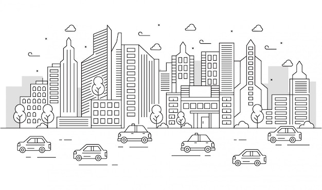 Ilustración urbana con un gran edificio equipado con coches y árboles. Actividades de la ciudad