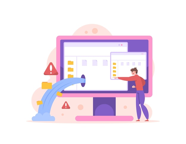 Ilustración de un usuario con datos informáticos filtrados o concepto de fuga de datos