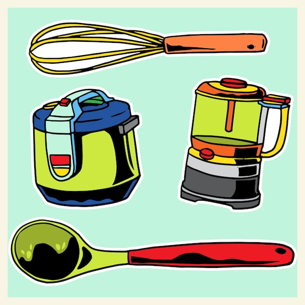 Vector la ilustración de los utensilios de cocina en la cocina se puede utilizar para pegatinas de afiches y plantillas