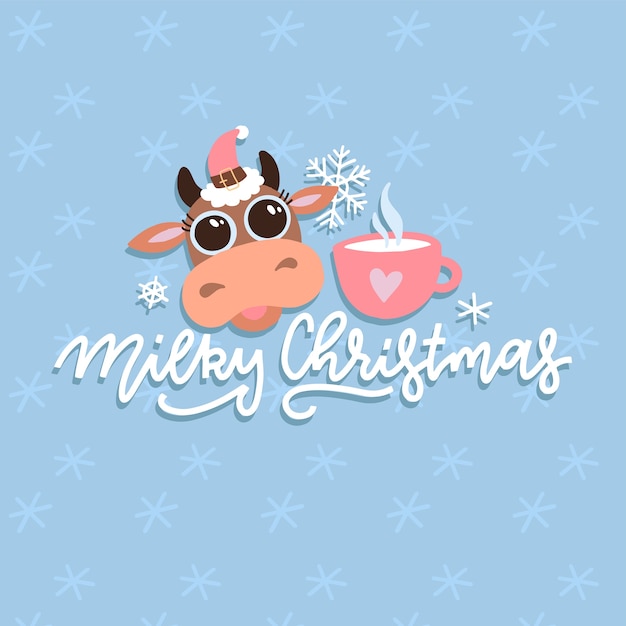 Ilustración de vaca de dibujos animados lindo de navidad con cita de letras dibujadas a mano. tarjeta de animal para impresión de ropa infantil y póster de felicitación. año nuevo 2021. tarjeta de felicitación de caligrafía de navidad lechosa.