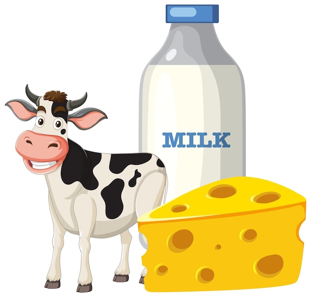 Vector ilustración de una vaca feliz con productos lácteos