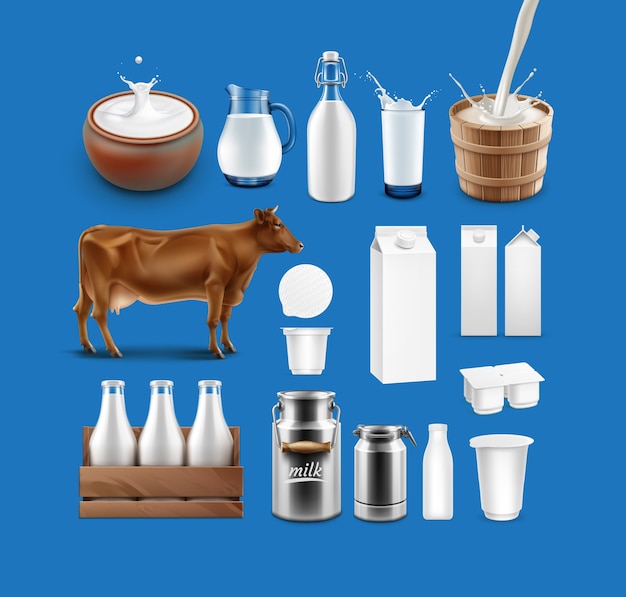 Vector ilustración de vaca, salpicaduras de productos lácteos y un conjunto de productos lácteos en varios recipientes aislados sobre fondo azul