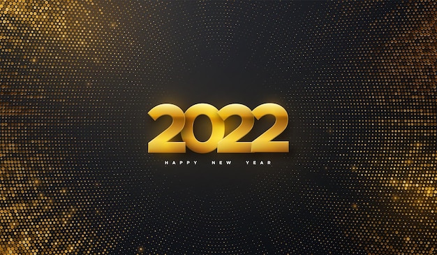 Ilustración de vacaciones de año nuevo de números metálicos dorados 2022 sobre fondo negro con brillos dorados