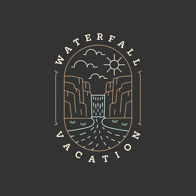 Ilustración de vacaciones de cascada monolina o vector de estilo de arte de línea