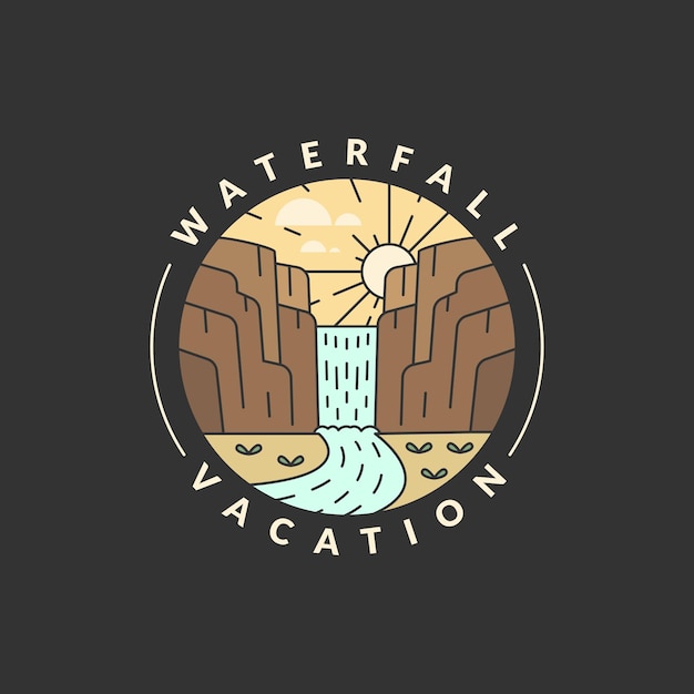 Ilustración de vacaciones de cascada monolina o vector de estilo de arte de línea