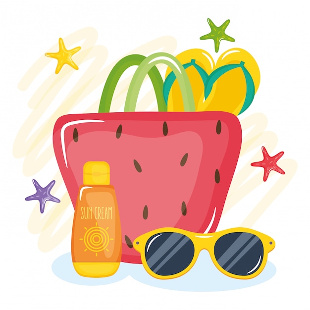 Ilustración de vacaciones de verano con bolso de mano y elementos