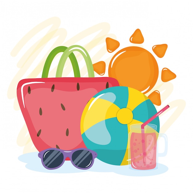 Ilustración de vacaciones de verano con bolso de mano y elementos