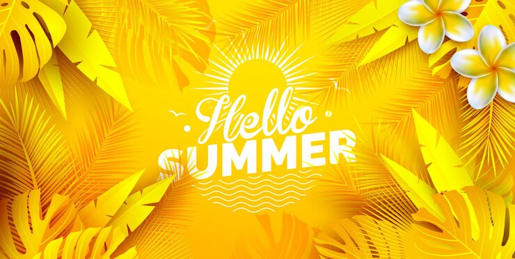 Vector ilustración de vacaciones de verano con hojas de palma tropical y flores sobre un fondo amarillo