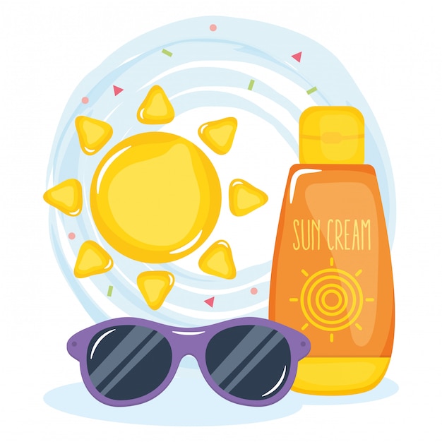 Vector ilustración de vacaciones de verano con sol y elementos