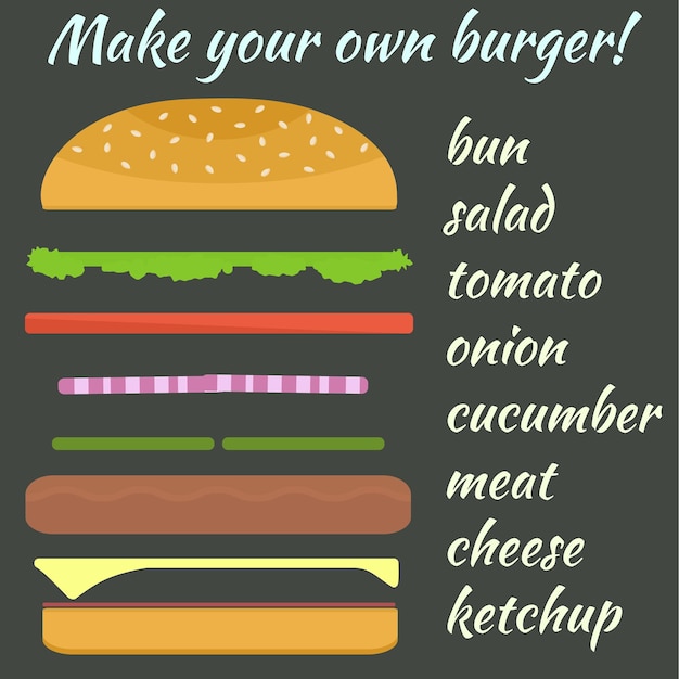 Vector ilustración con variación de ingredientes de hamburguesas.